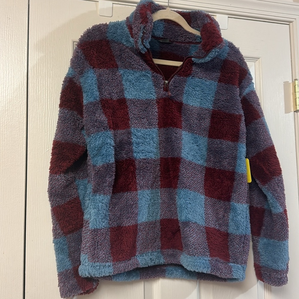 NWT Eddie Bauer women’s blue purple plaid plush  1/4 zip sweatshirt jacket S - Picture 2 of 6